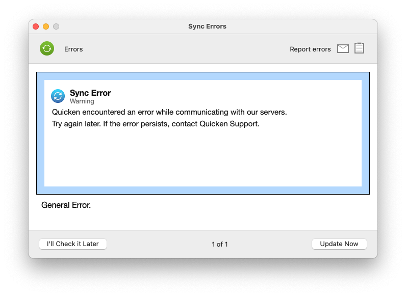 unknown error when trying to update accounts in quicken for mac